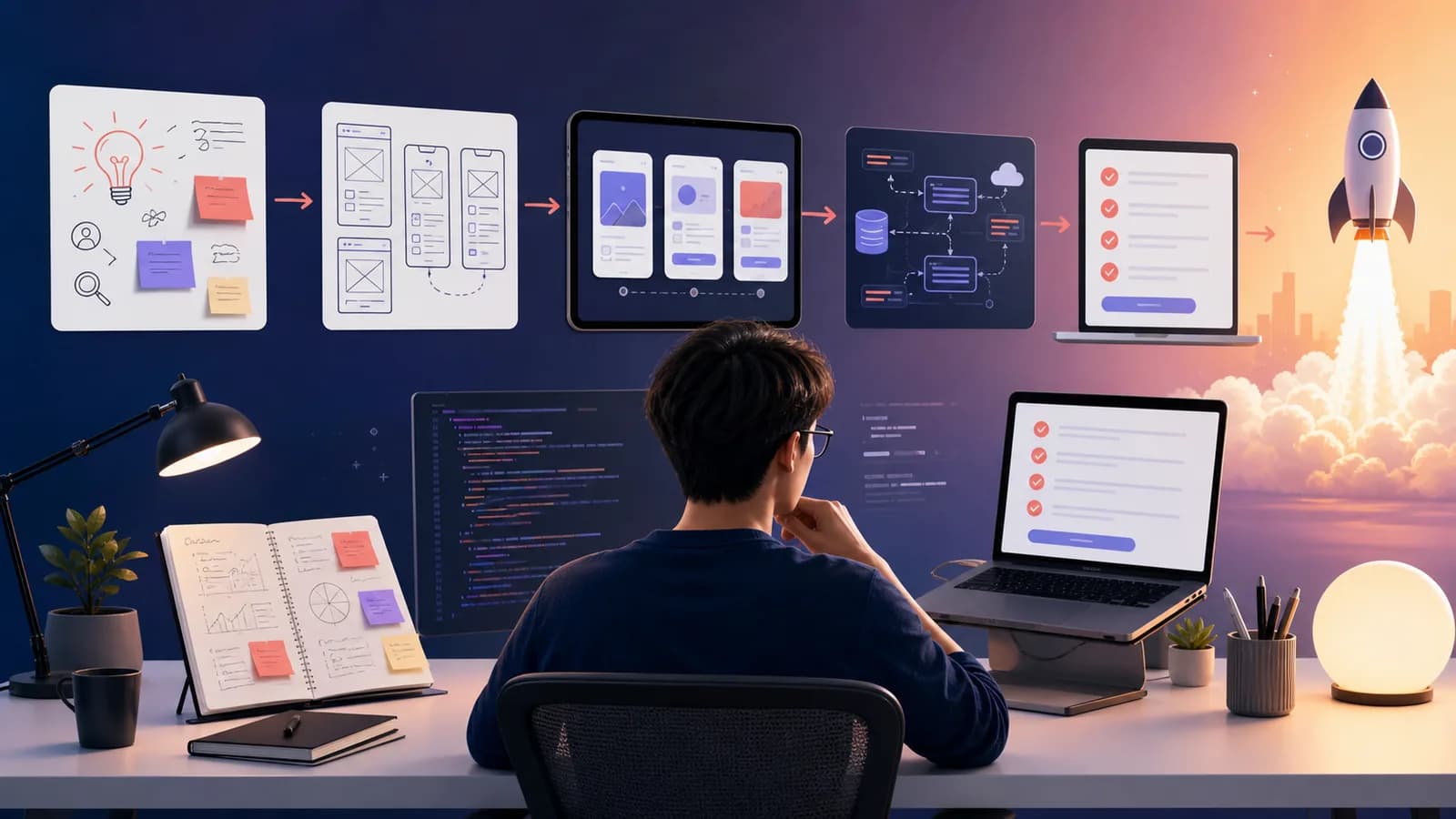 Laptop hiển thị roadmap xây MVP web app trong 6 tuần cho startup Việt