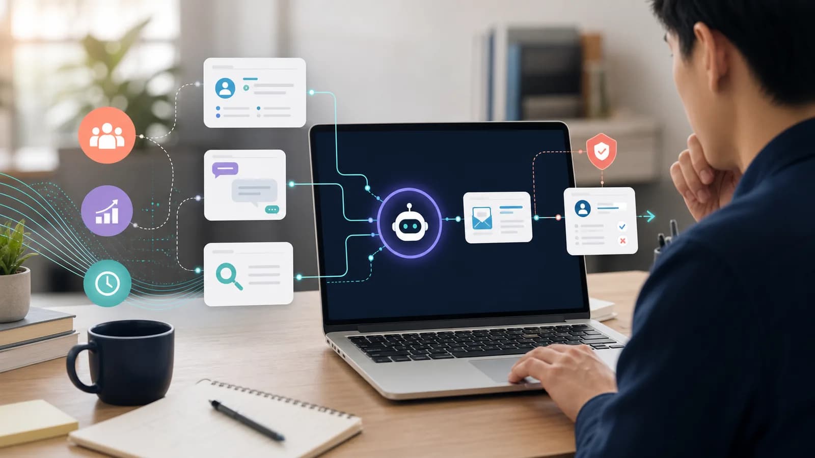 Bàn làm việc với checklist thuê lập trình viên làm website app và dashboard scope dự án