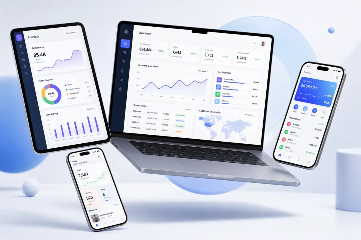 Mockup marketplace thời trang Fashion Move trên mobile và dashboard web